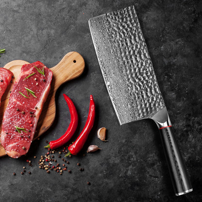 Hand-forged Damascus steel hammered kitchen knife with black wavy handle - Chinese slicing knife