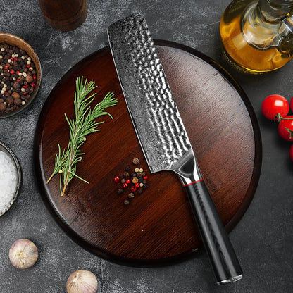 Hand-forged Damascus steel hammered kitchen knife with black wavy handle - Japanese style vegetable cutter