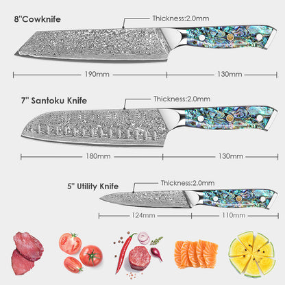 Abalone Shell Series-Ox Knife + Santoku Knife + Multipurpose Knife
