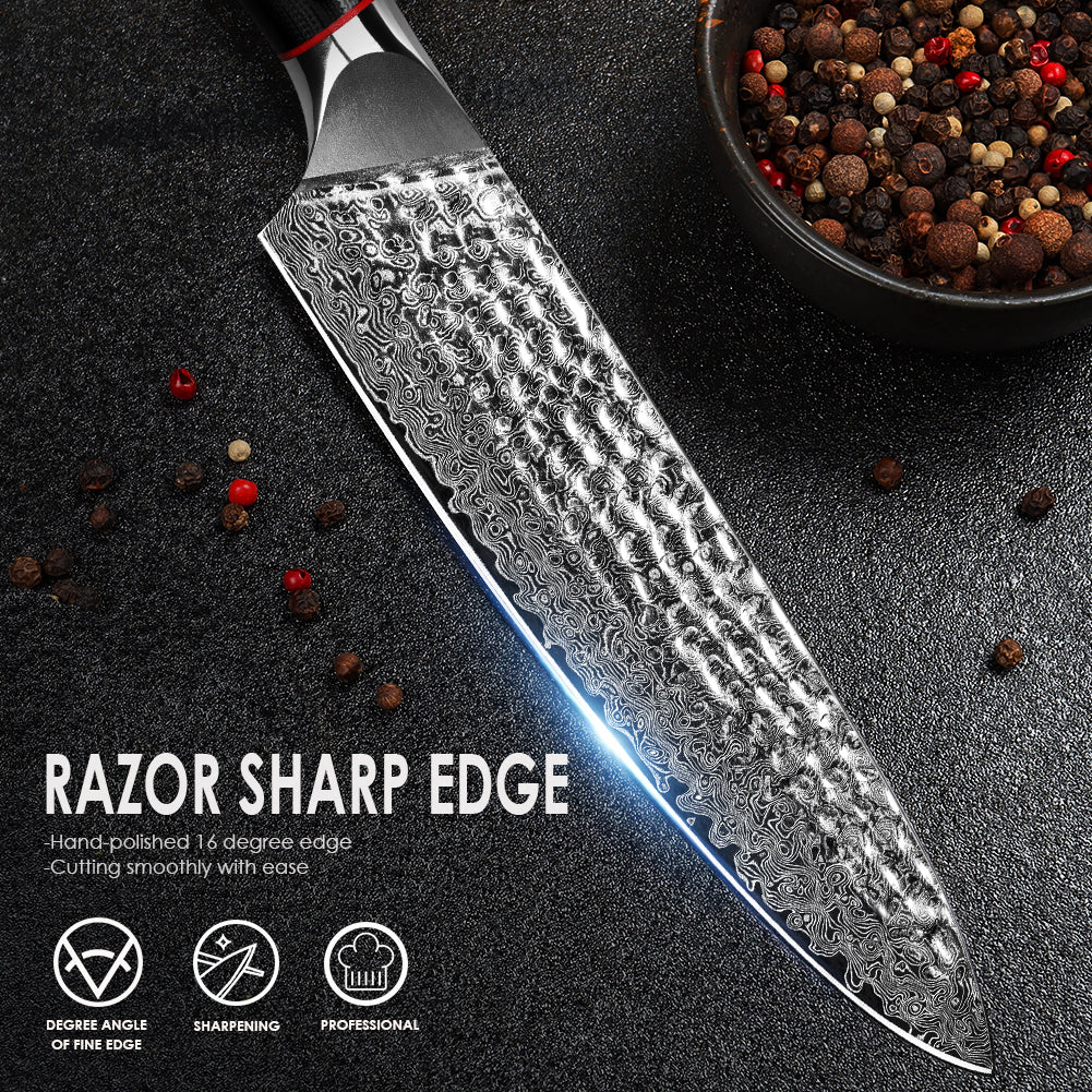 Hand-forged black wavy handle Damascus steel hammered kitchen knife - Chef's knife