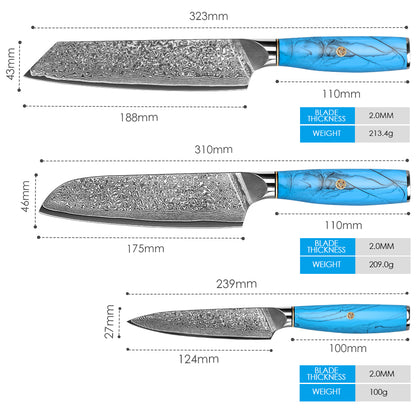 Blue Turquoise Series - Ox Knife + Santoku Knife + Multipurpose Knife