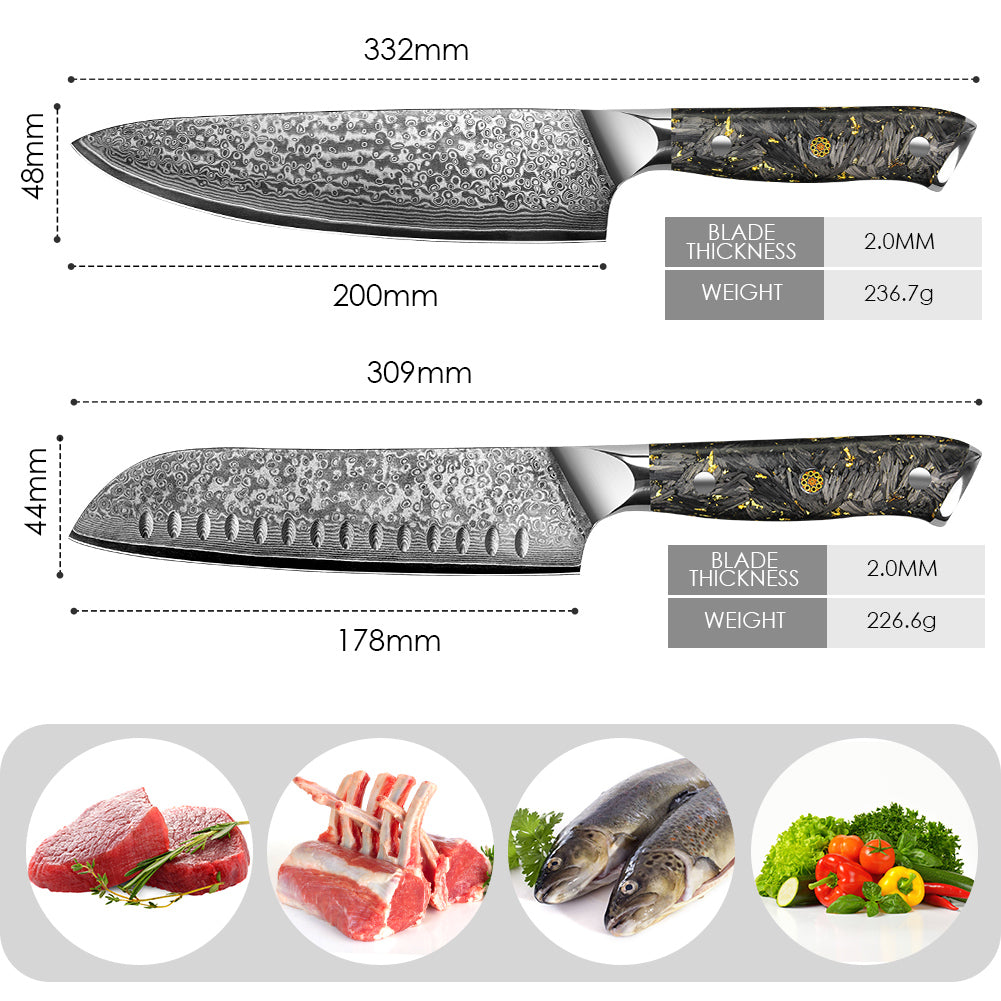 Black Carbon Gold Series-Chef Knife + Santoku Knife