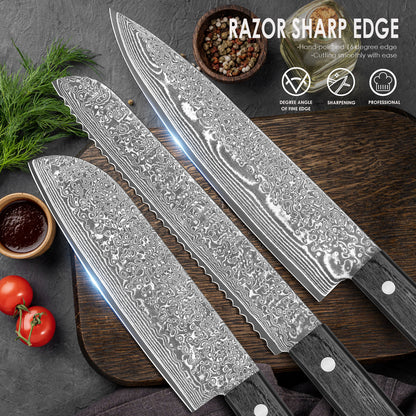 Black colored wood series-chef’s knife + Santoku knife + bread knife