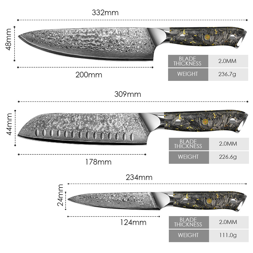 Black Carbon Gold Series-Chef Knife + Santoku Knife + Multipurpose Knife