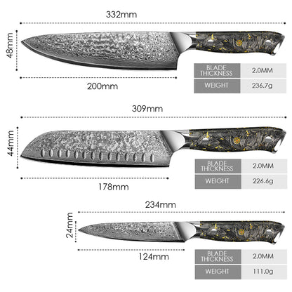 Black Carbon Gold Series-Chef Knife + Santoku Knife + Multipurpose Knife