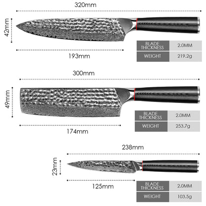 Hand-forged Damascus steel hammered kitchen knife with black wavy handle - chef's knife + Japanese-style vegetable cutter + multi-purpose knife