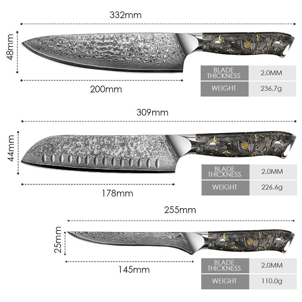 Black carbon gold series-chef’s knife + Santoku knife + boning knife