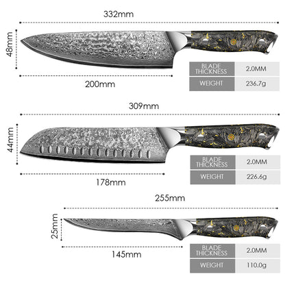 Black carbon gold series-chef’s knife + Santoku knife + boning knife