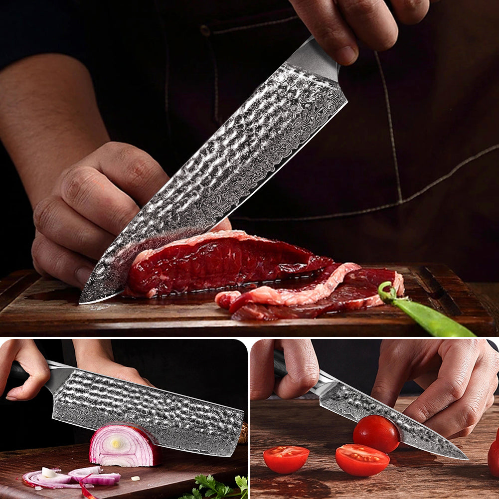 Hand-forged Damascus steel hammered kitchen knife with black wavy handle - chef's knife + Japanese-style vegetable cutter + multi-purpose knife