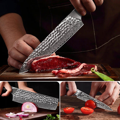 Hand-forged Damascus steel hammered kitchen knife with black wavy handle - chef's knife + Japanese-style vegetable cutter + multi-purpose knife