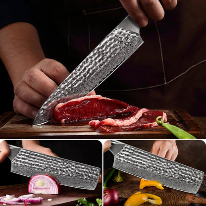 Hand-forged Damascus steel hammered kitchen knife with black wavy handle - chef's knife + Japanese-style vegetable cutter