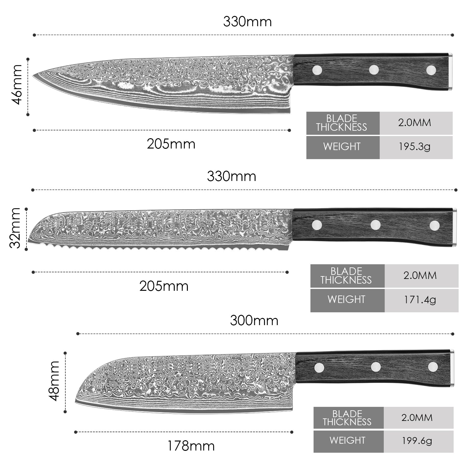Black colored wood series-chef’s knife + Santoku knife + bread knife