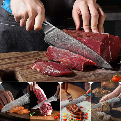 Blue Turquoise Series-Chef Knife + Santoku Knife + Bread Knife + Multipurpose Knife + Deboning Knife