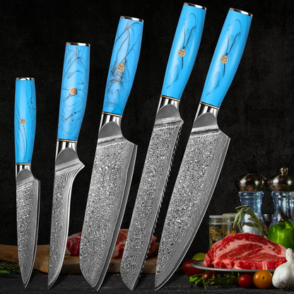 Blue Turquoise Series-Chef Knife + Santoku Knife + Bread Knife + Multipurpose Knife + Deboning Knife