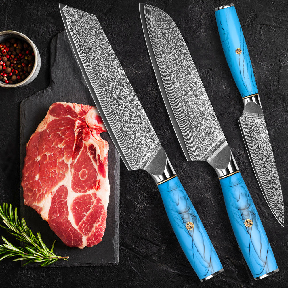 Blue Turquoise Series - Ox Knife + Santoku Knife + Multipurpose Knife
