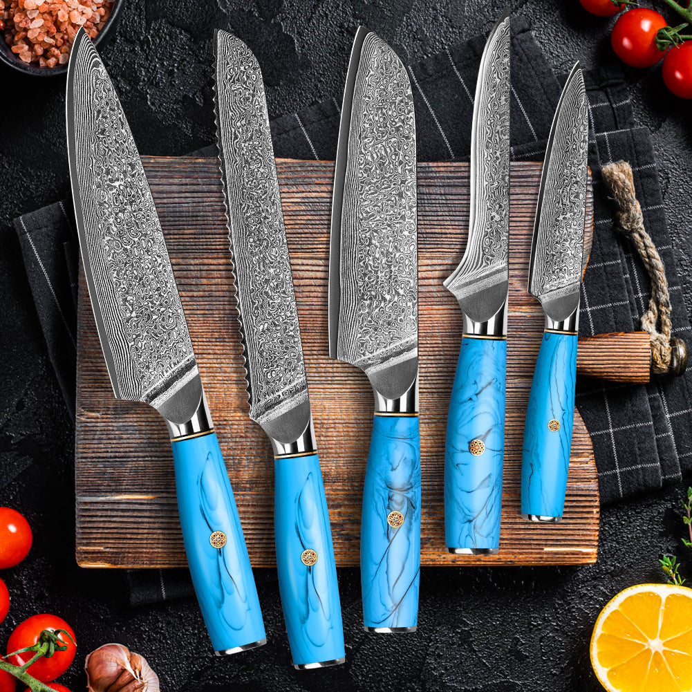 Blue Turquoise Series-Chef Knife + Santoku Knife + Bread Knife + Multipurpose Knife + Deboning Knife