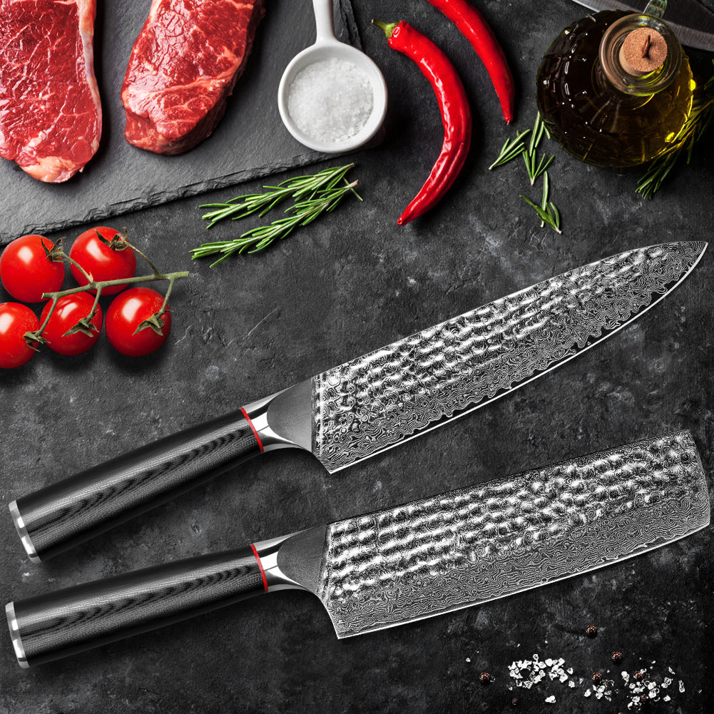 Hand-forged Damascus steel hammered kitchen knife with black wavy handle - chef's knife + Japanese-style vegetable cutter