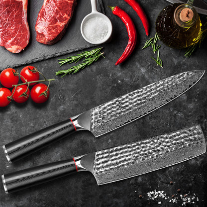 Hand-forged Damascus steel hammered kitchen knife with black wavy handle - chef's knife + Japanese-style vegetable cutter