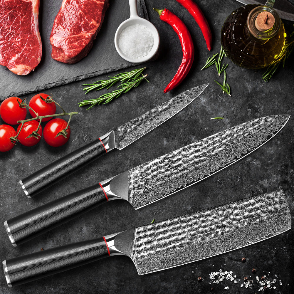 Hand-forged Damascus steel hammered kitchen knife with black wavy handle - chef's knife + Japanese-style vegetable cutter + multi-purpose knife
