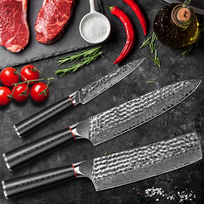 Hand-forged Damascus steel hammered kitchen knife with black wavy handle - chef's knife + Japanese-style vegetable cutter + multi-purpose knife